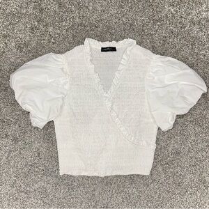 Ontwelfth White Ruffle Puff Sleeves Ruched Cotton Blouse